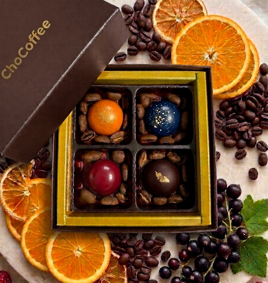 CHOCOFFEE コーヒービーンズチョコレート 4粒入りギフトボックス オレンジ・カシス・季節のフルーツ